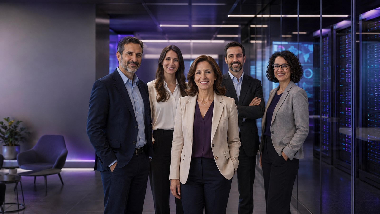 Equipo senior de consultoría MindAct en un entorno tecnológico con centro de datos