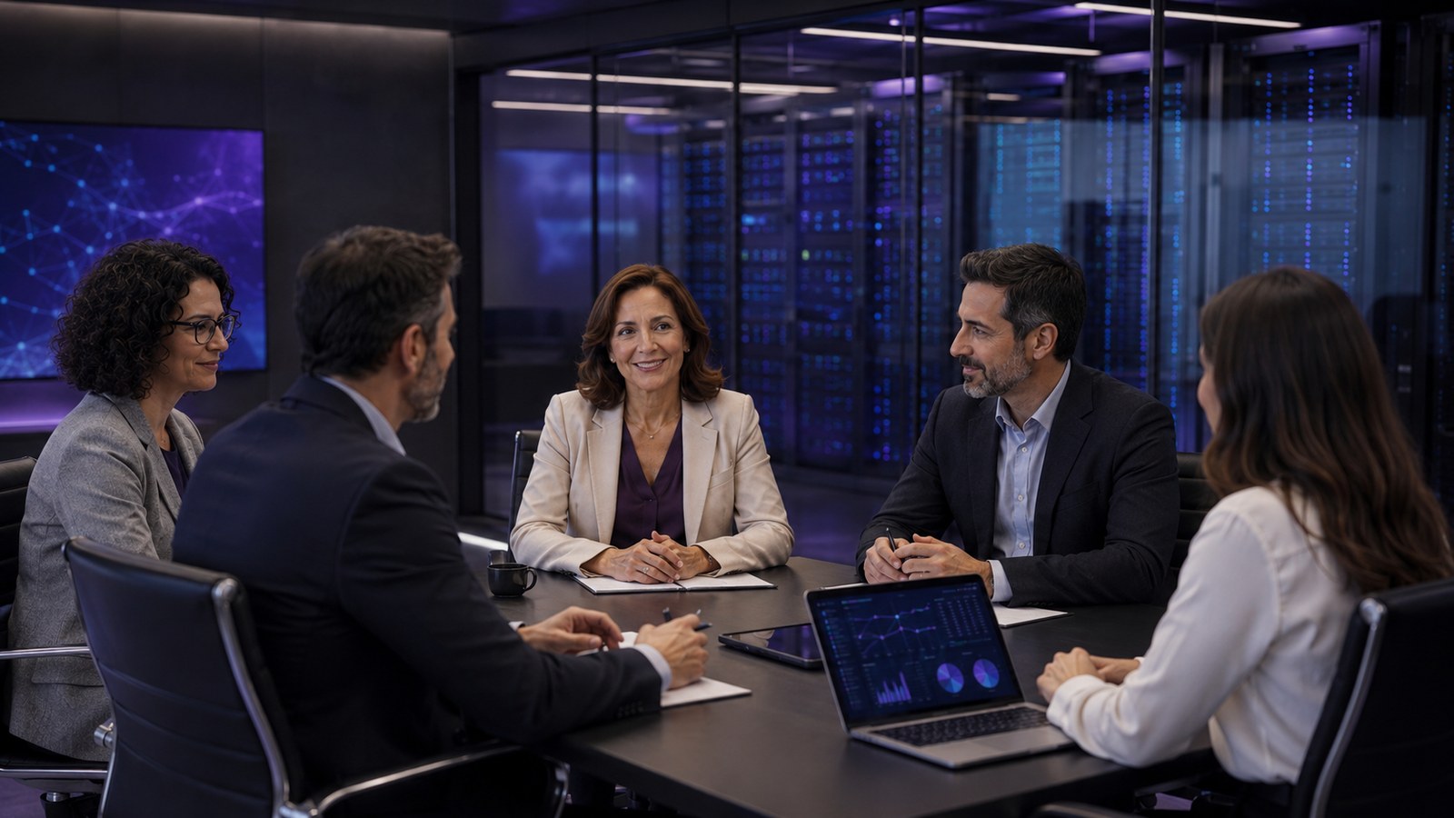 Reunión ejecutiva en sala con vista a racks de centro de datos y analítica digital